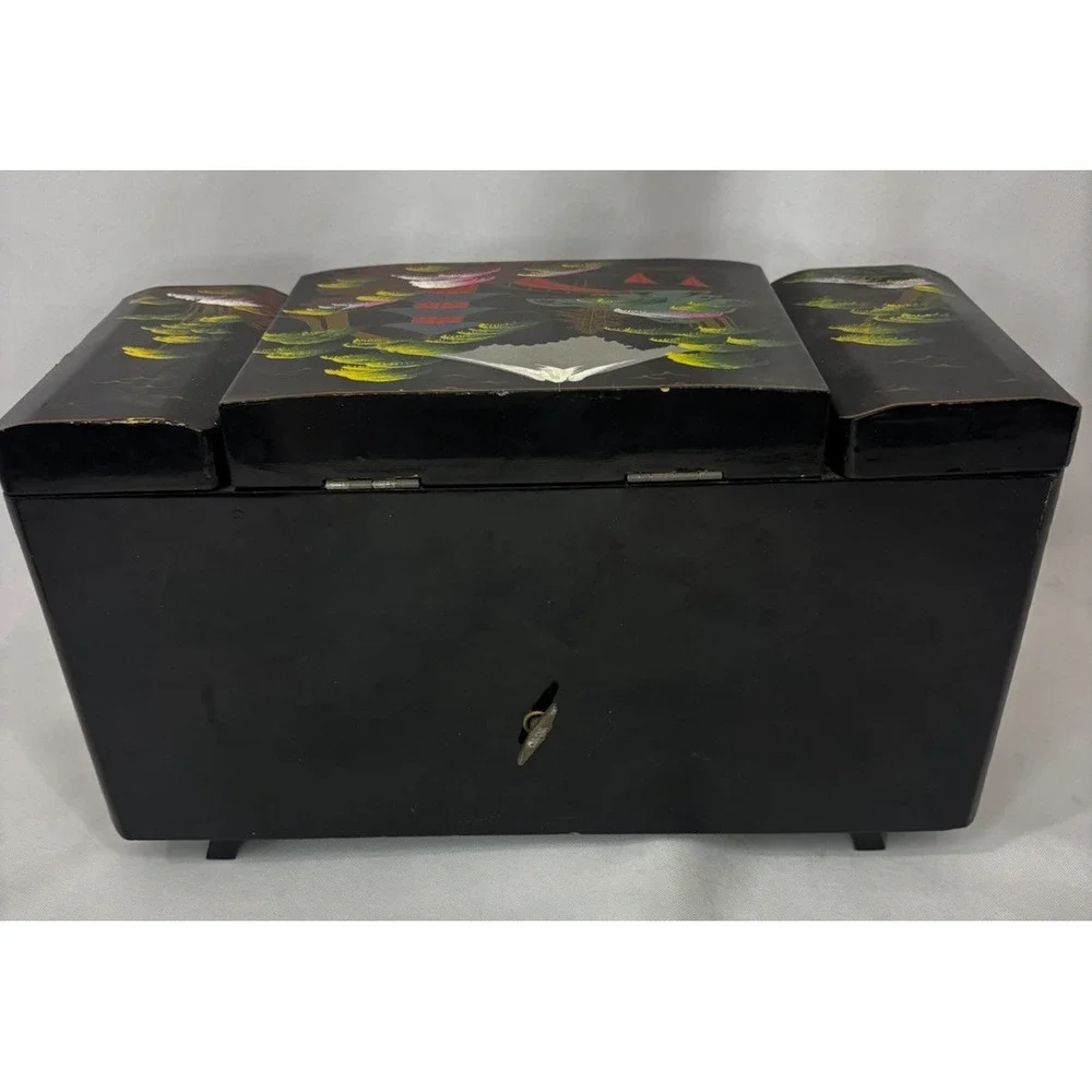 Vintage Japanese Black Lacquer Musical Jewelry Box- Window Diorama
